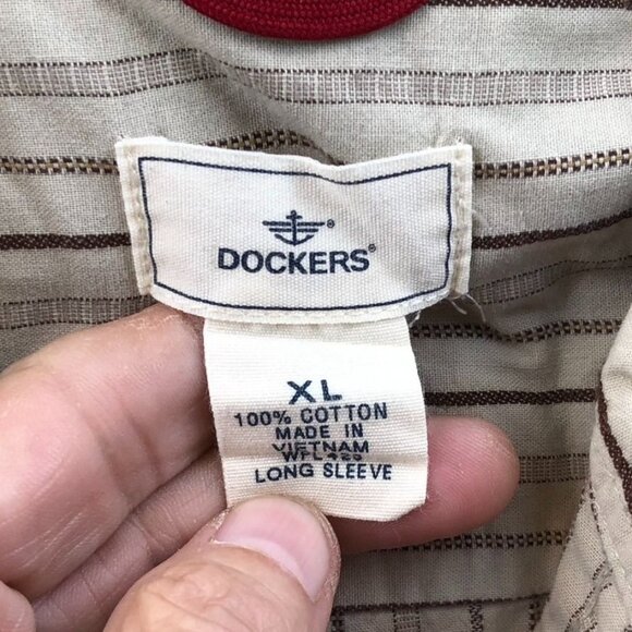 Dockers Mens Shirt Size XL Long Sleeve Pinstriped Button Up Casual Beige Retro - Picture 7 of 10
